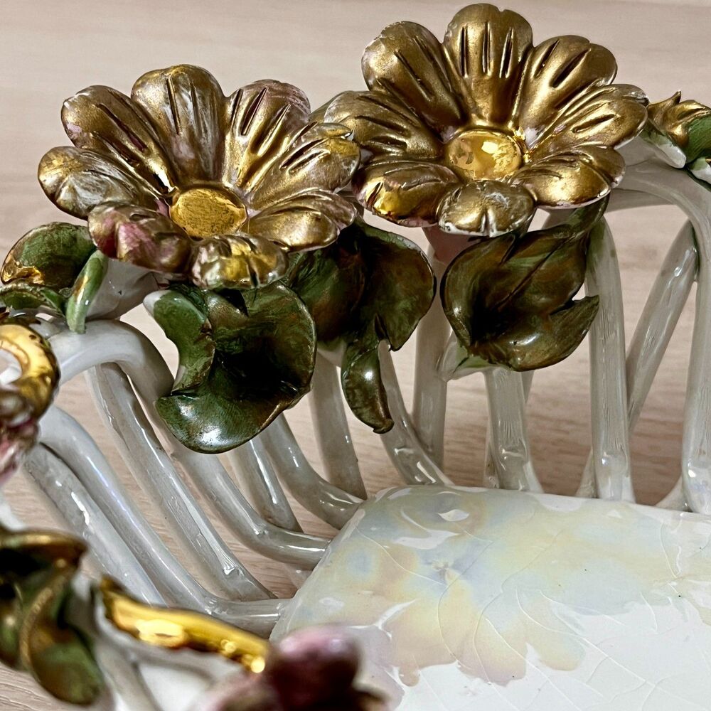 Vintage Capodimonte Italy (SIGNED) Iridescent Porcelain Open Lattice Weave Bowl - Picture 5 of 16